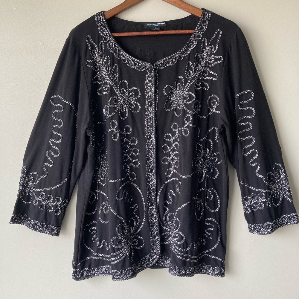 Saint Tropez West Black Silver Metallic Soutache Floral Cardigan Top Plus 1X